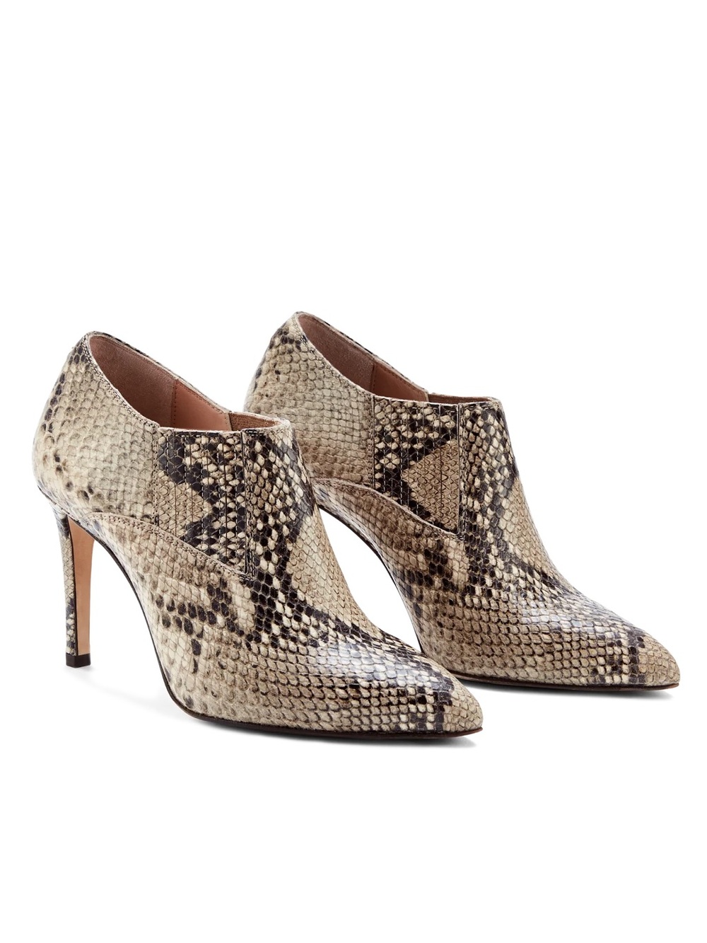 Pointed Python-Print Ankle Booties in Natural Snake Emboss Inez